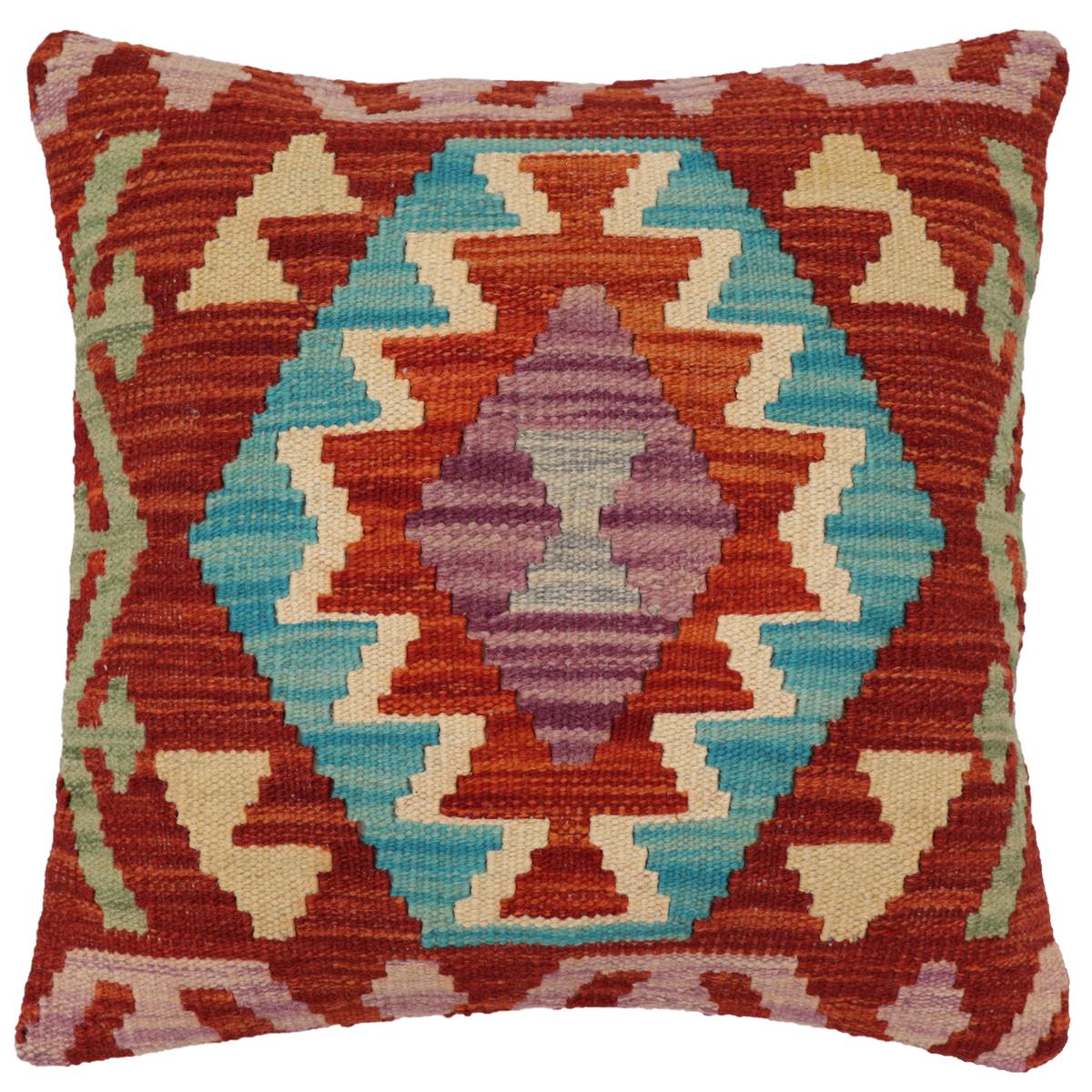 handmade Traditional Pillow Rust Blue Hand-Woven SQUARE 100% WOOL Hand woven turkish pillow2' x 2'
