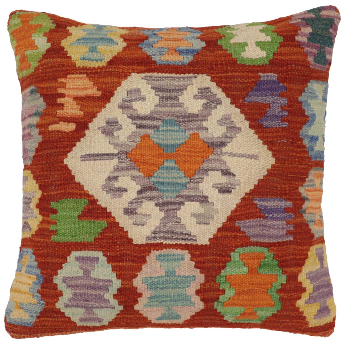 handmade Traditional Pillow Rust Blue Hand-Woven SQUARE 100% WOOL Hand woven turkish pillow2' x 2'