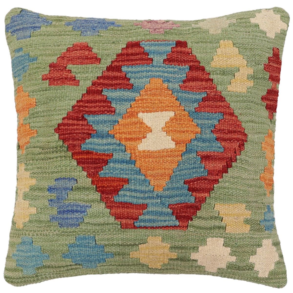 handmade Traditional Pillow Green Red Hand-Woven SQUARE 100% WOOL Hand woven turkish pillow2' x 2'