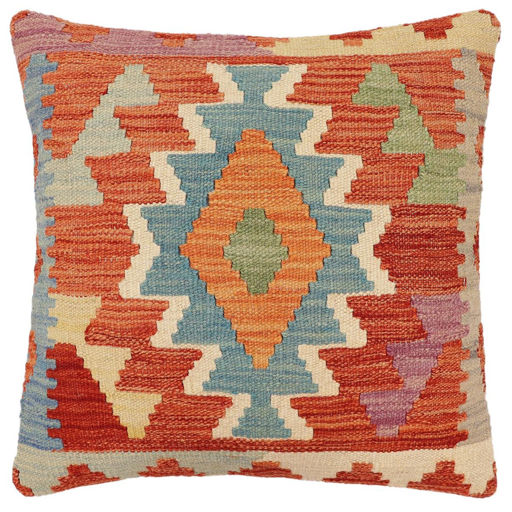 handmade Traditional Pillow Rust Blue Hand-Woven SQUARE 100% WOOL Hand woven turkish pillow2' x 2'