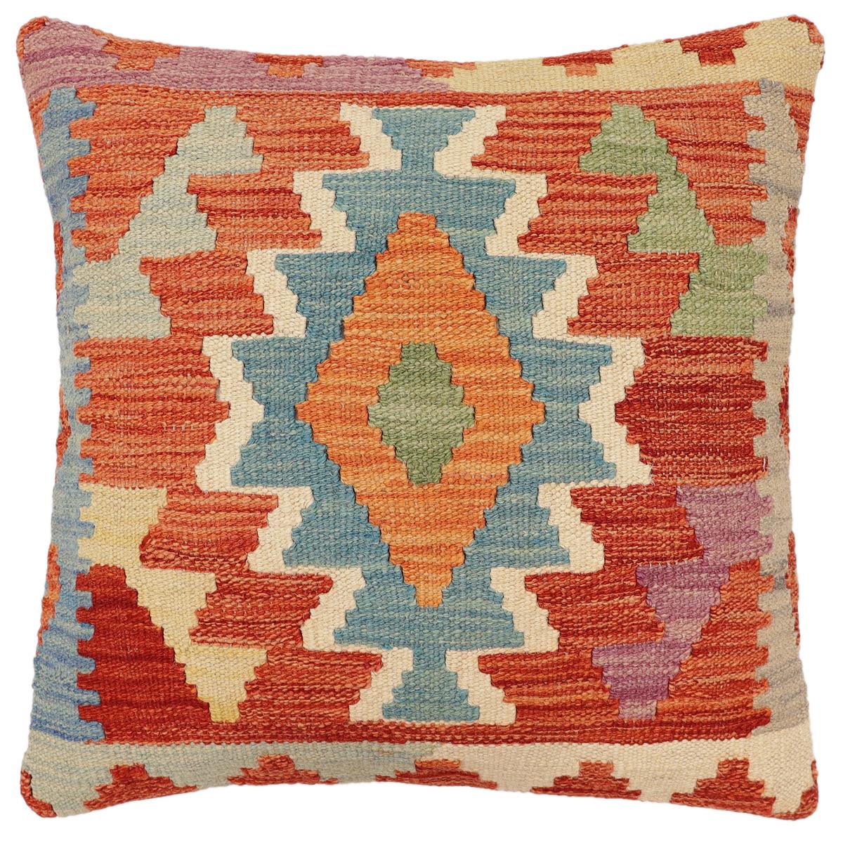 handmade Traditional Pillow Rust Blue Hand-Woven SQUARE 100% WOOL Hand woven turkish pillow2' x 2'