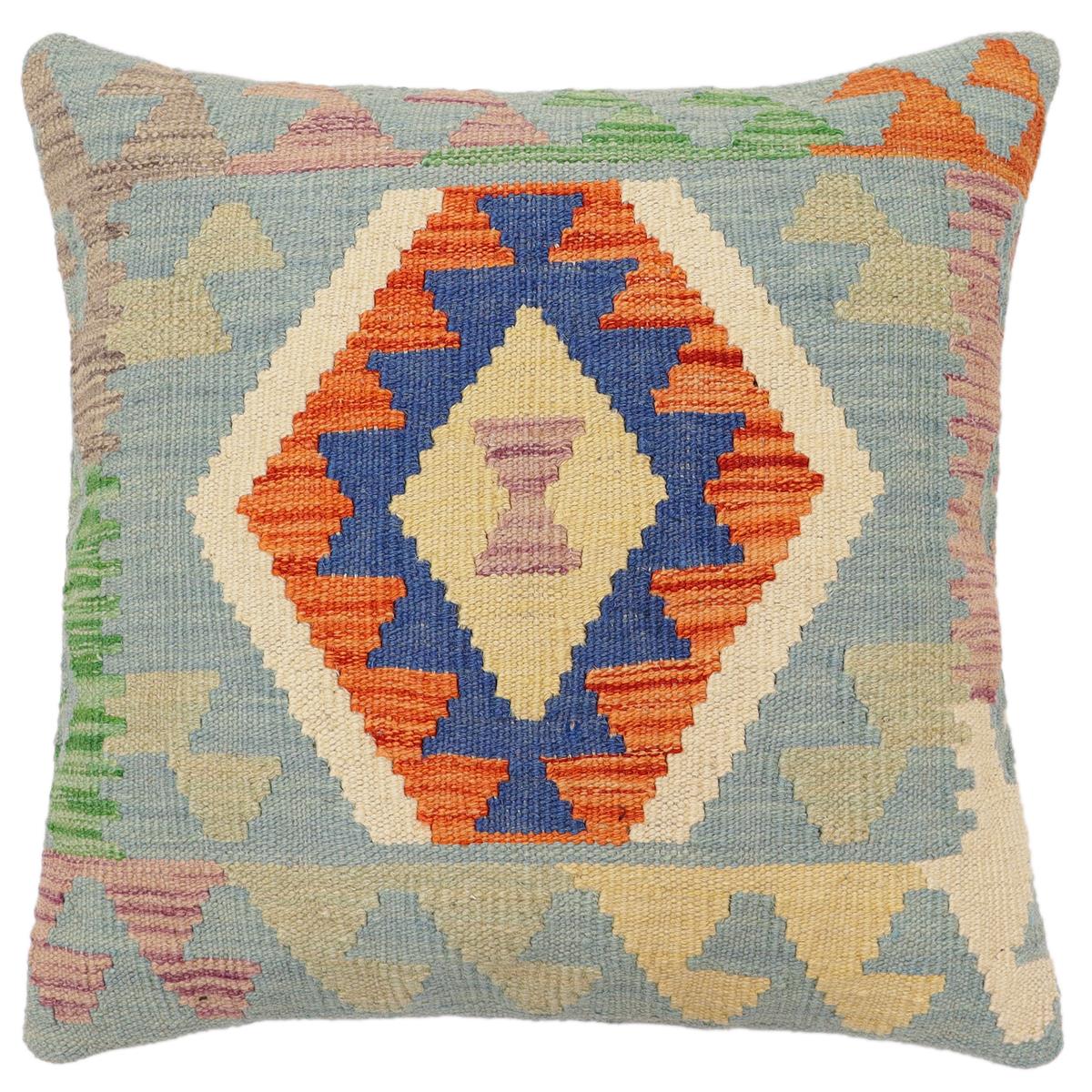 handmade Traditional Pillow Blue Rust Hand-Woven SQUARE 100% WOOL  Hand woven turkish pillow  PILLOW