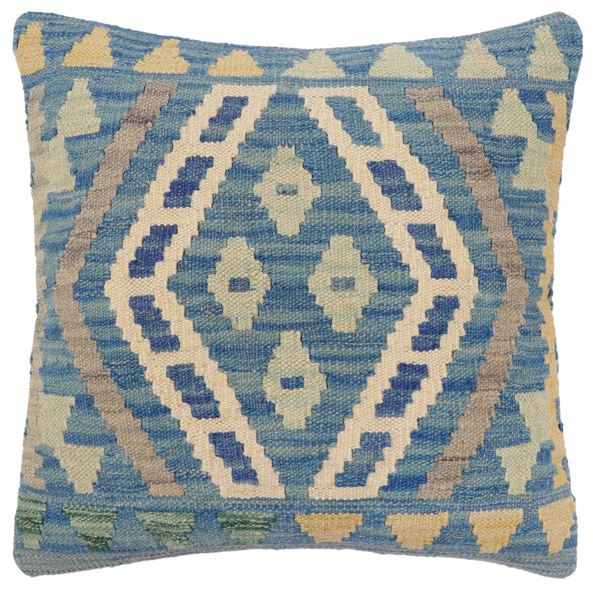 handmade Traditional Pillow Blue Gray Hand-Woven SQUARE 100% WOOL Hand woven turkish pillow2 x 2