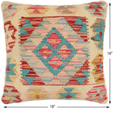 handmade Traditional Pillow Beige Blue Hand-Woven SQUARE 100% WOOL Hand woven turkish pillow2' x 2'