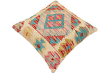 handmade Traditional Pillow Beige Blue Hand-Woven SQUARE 100% WOOL Hand woven turkish pillow2' x 2'