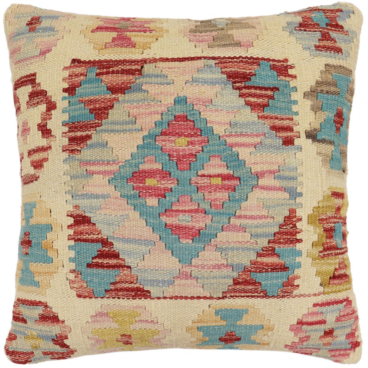 handmade Traditional Pillow Beige Blue Hand-Woven SQUARE 100% WOOL Hand woven turkish pillow2 x 2