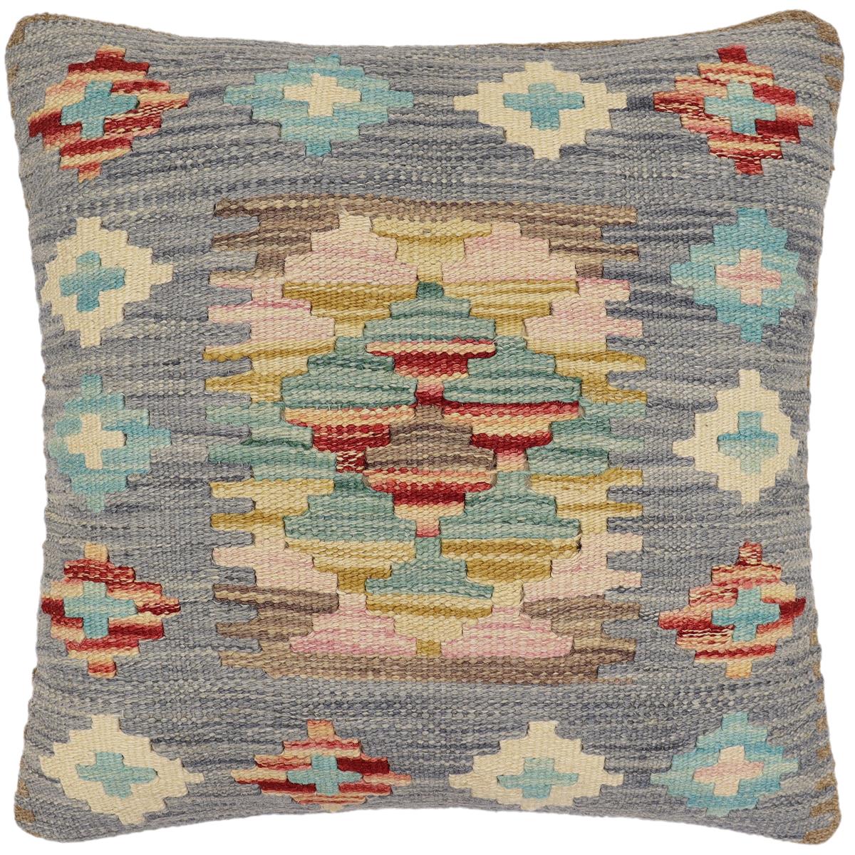 handmade Traditional Pillow Blue Beige Hand-Woven SQUARE 100% WOOL Hand woven turkish pillow2' x 2'
