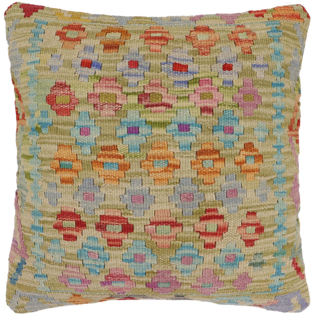 handmade Traditional Pillow Green Rust Hand-Woven SQUARE 100% WOOL Hand woven turkish pillow2' x 2'