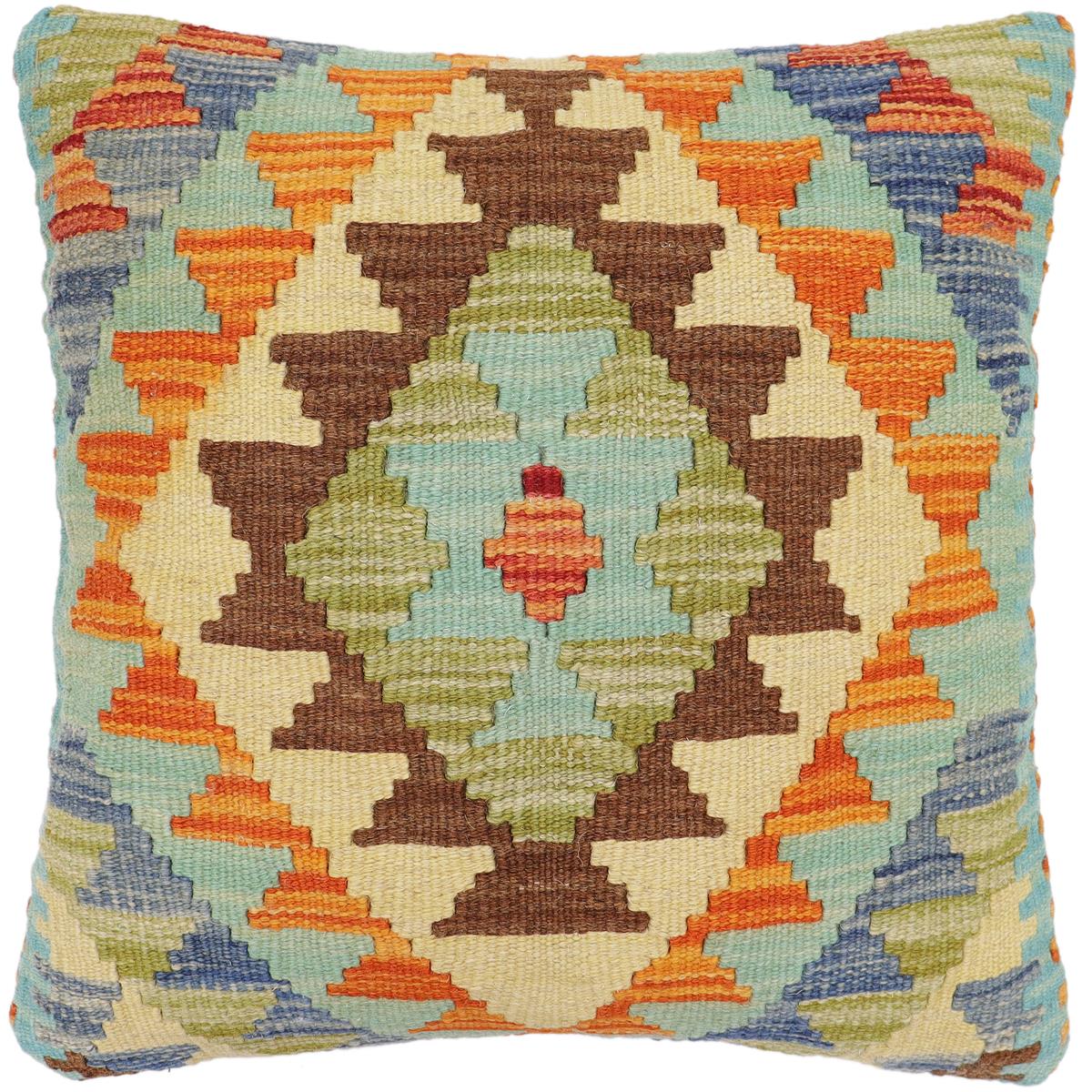 handmade Traditional Pillow Rust Blue Hand-Woven SQUARE 100% WOOL  Hand woven turkish pillow  2 x 2