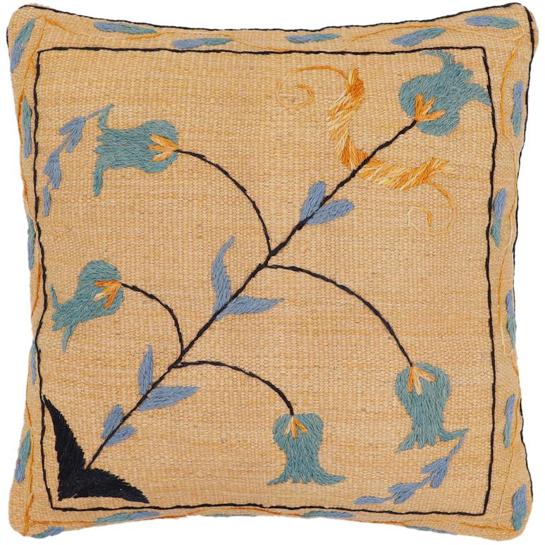 handmade Traditional Pillow Orange Blue Hand-Woven SQUARE 100% WOOL Handmade pillow