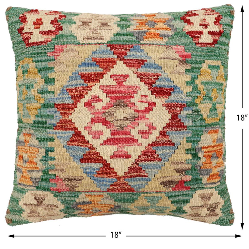 handmade Traditional Pillow Green Beige Hand-Woven SQUARE 100% WOOL Hand woven turkish pillow2' x 2'