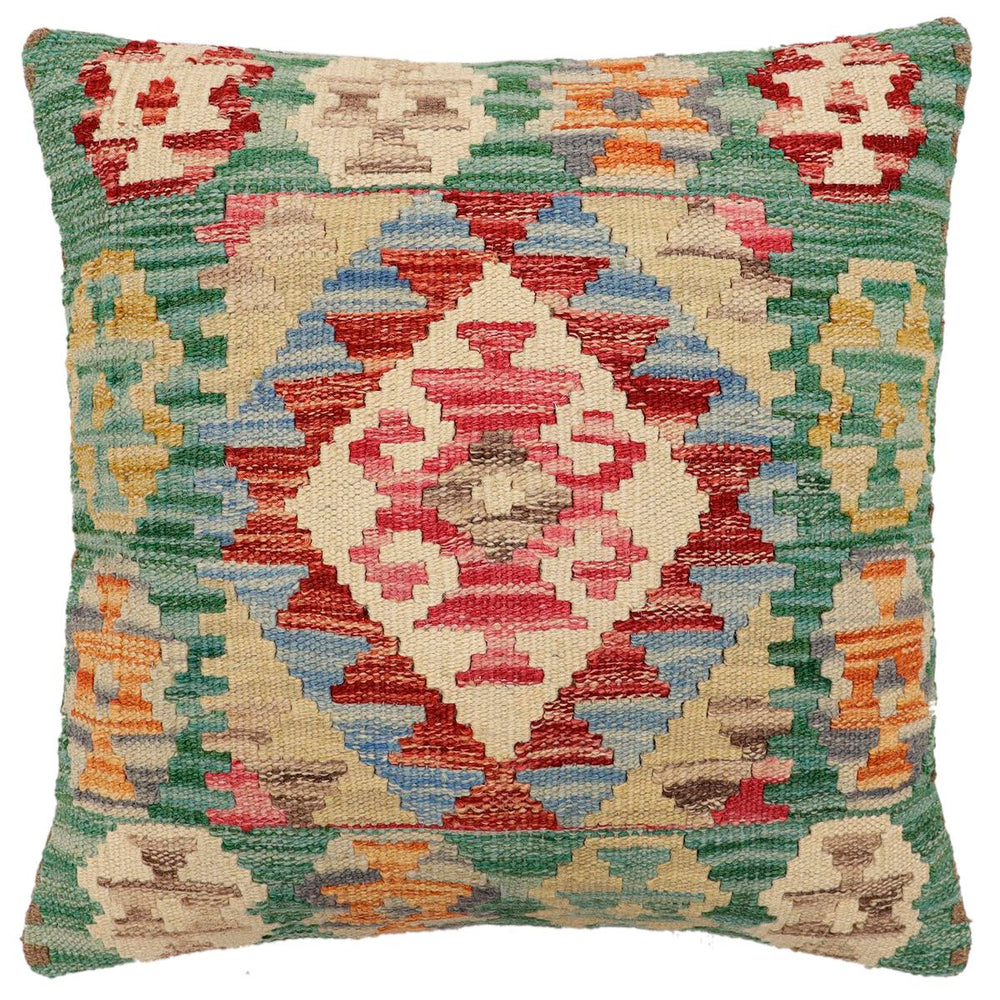 handmade Traditional Pillow Green Beige Hand-Woven SQUARE 100% WOOL Hand woven turkish pillow2' x 2'