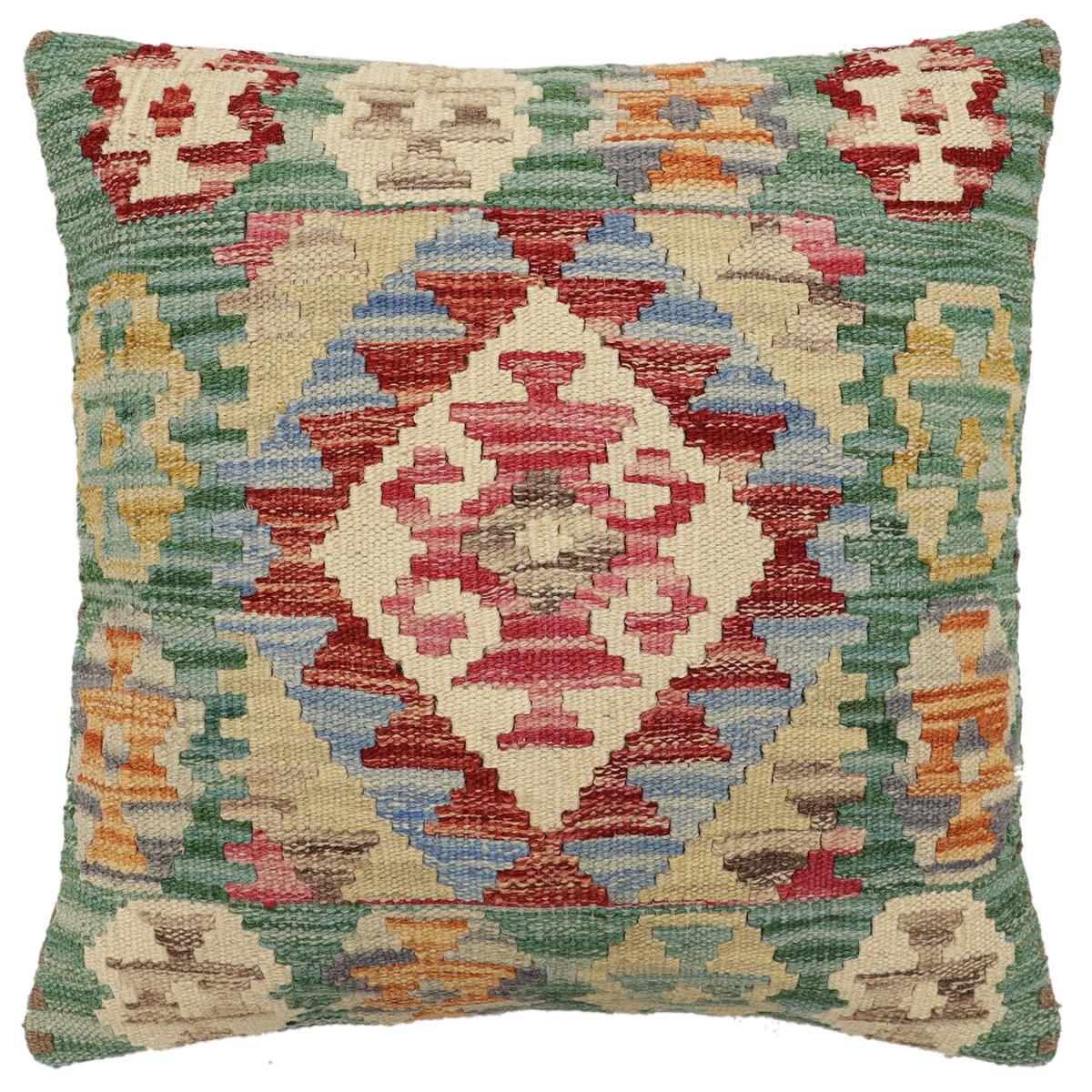 handmade Traditional Pillow Green Beige Hand-Woven SQUARE 100% WOOL Hand woven turkish pillow2' x 2'