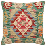 handmade Traditional Pillow Green Beige Hand-Woven SQUARE 100% WOOL Hand woven turkish pillow2' x 2'