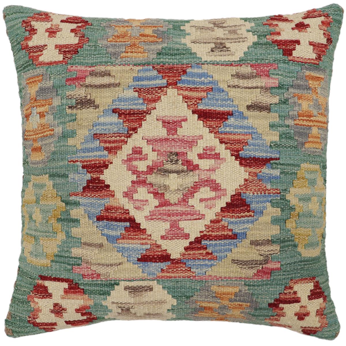 handmade Traditional Pillow Green Beige Hand-Woven SQUARE 100% WOOL Hand woven turkish pillow2' x 2'