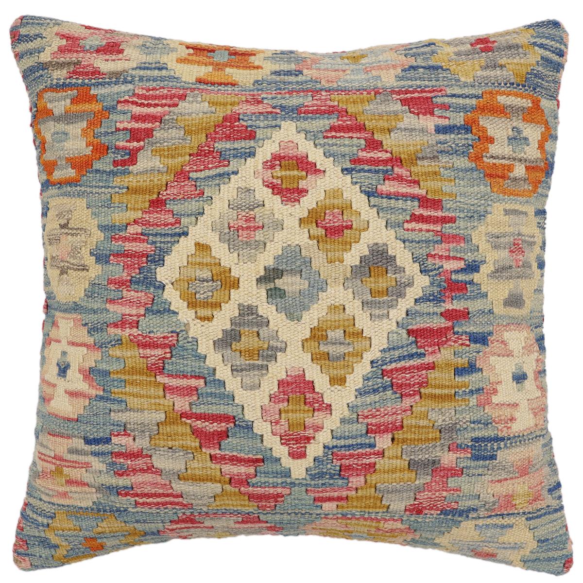 handmade Traditional Pillow Blue Beige Hand-Woven SQUARE 100% WOOL Hand woven turkish pillow2 x 2