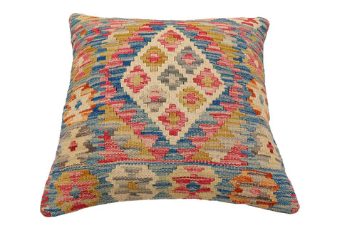 handmade Traditional Pillow Blue Beige Hand-Woven SQUARE 100% WOOL Hand woven turkish pillow2 x 2