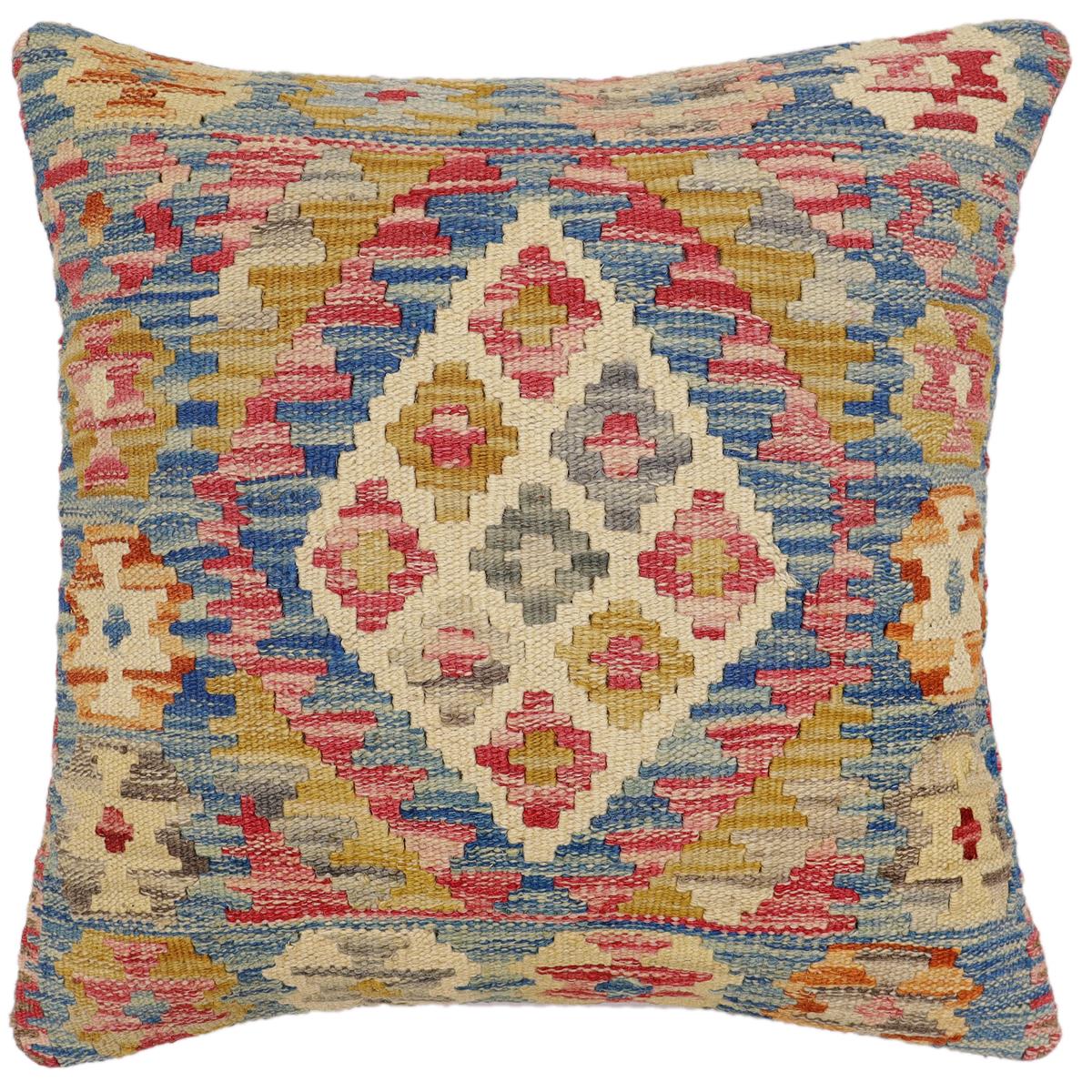 handmade Traditional Pillow Blue Beige Hand-Woven SQUARE 100% WOOL Hand woven turkish pillow2' x 2'
