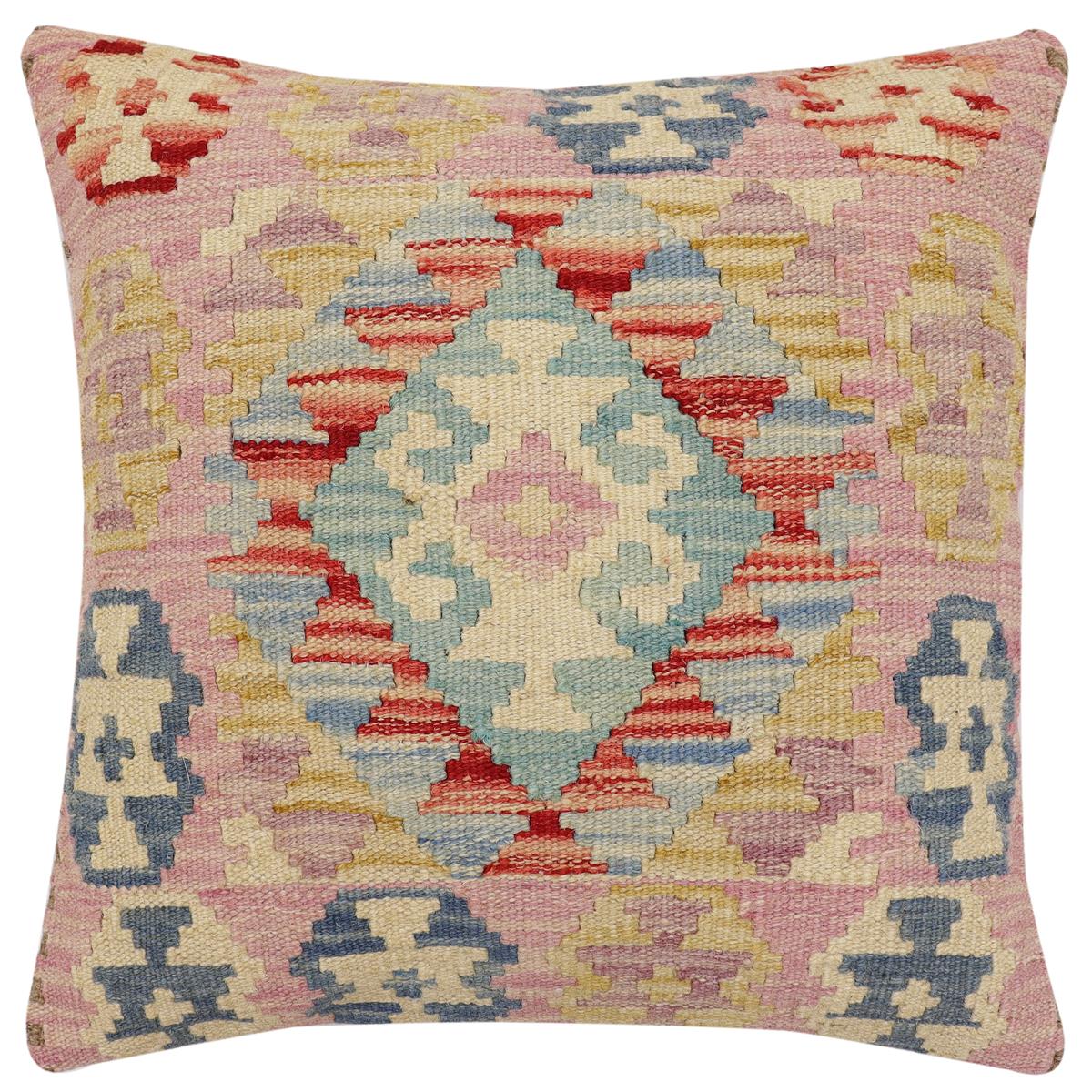 handmade Traditional Pillow Blue Beige Hand-Woven SQUARE 100% WOOL Hand woven turkish pillow2 x 2