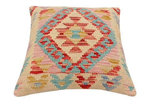 handmade Traditional Pillow Beige Blue Hand-Woven SQUARE 100% WOOL Hand woven turkish pillow2 x 2