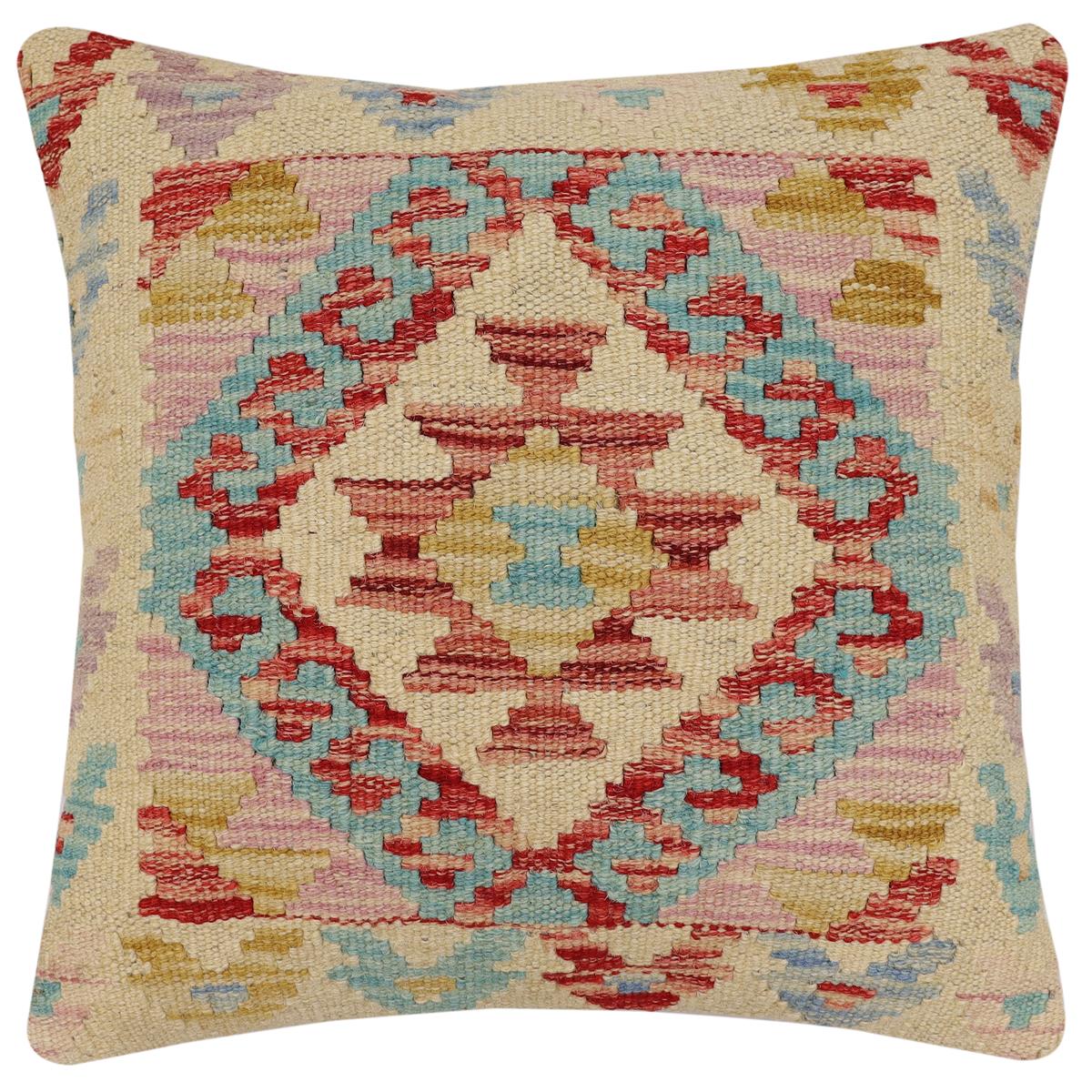 handmade Traditional Pillow Beige Blue Hand-Woven SQUARE 100% WOOL Hand woven turkish pillow2 x 2