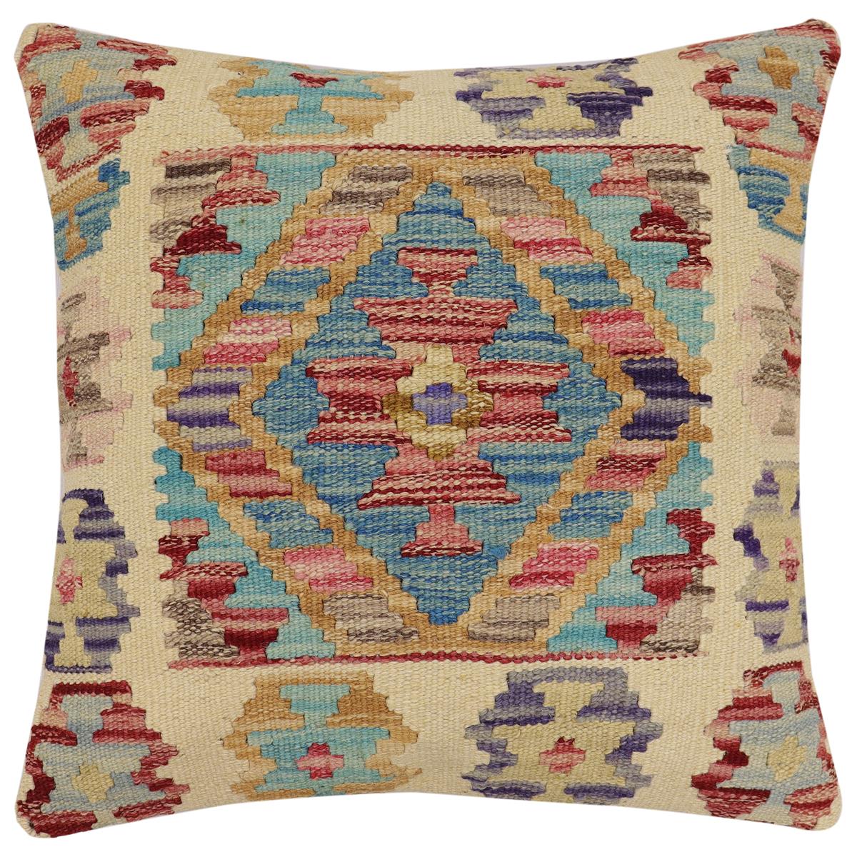 handmade Traditional Pillow Beige Blue Hand-Woven SQUARE 100% WOOL Hand woven turkish pillow2 x 2