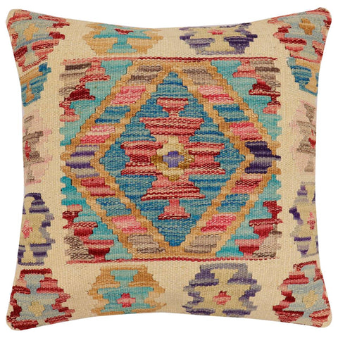 handmade Traditional Pillow Beige Blue Hand-Woven SQUARE 100% WOOL Hand woven turkish pillow2 x 2