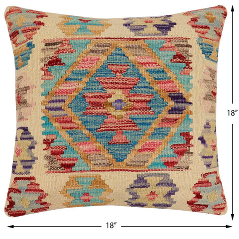 handmade Traditional Pillow Beige Blue Hand-Woven SQUARE 100% WOOL Hand woven turkish pillow2 x 2