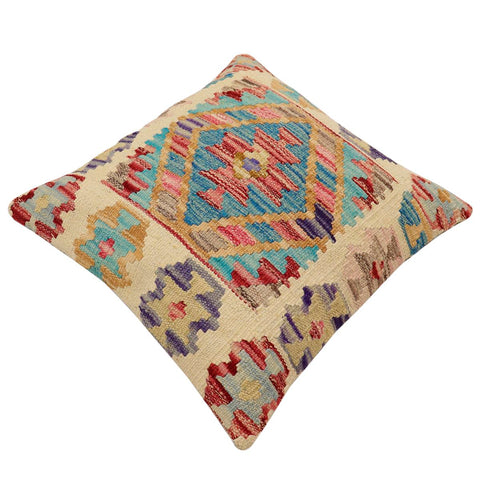 handmade Traditional Pillow Beige Blue Hand-Woven SQUARE 100% WOOL Hand woven turkish pillow2 x 2