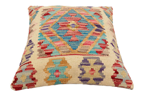 handmade Traditional Pillow Beige Blue Hand-Woven SQUARE 100% WOOL Hand woven turkish pillow2 x 2