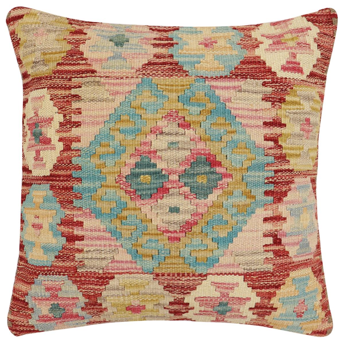 handmade Traditional Pillow Rust Blue Hand-Woven SQUARE 100% WOOL Hand woven turkish pillow2' x 2'