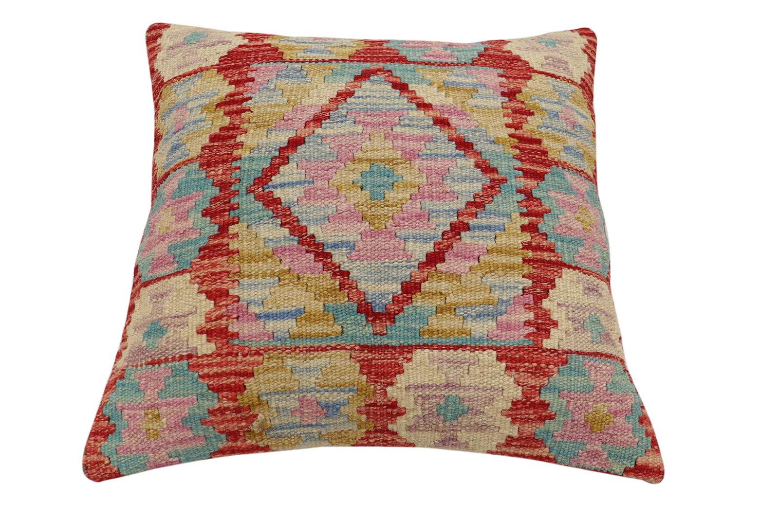 handmade Traditional Pillow Rust Blue Hand-Woven SQUARE 100% WOOL Hand woven turkish pillow2' x 2'