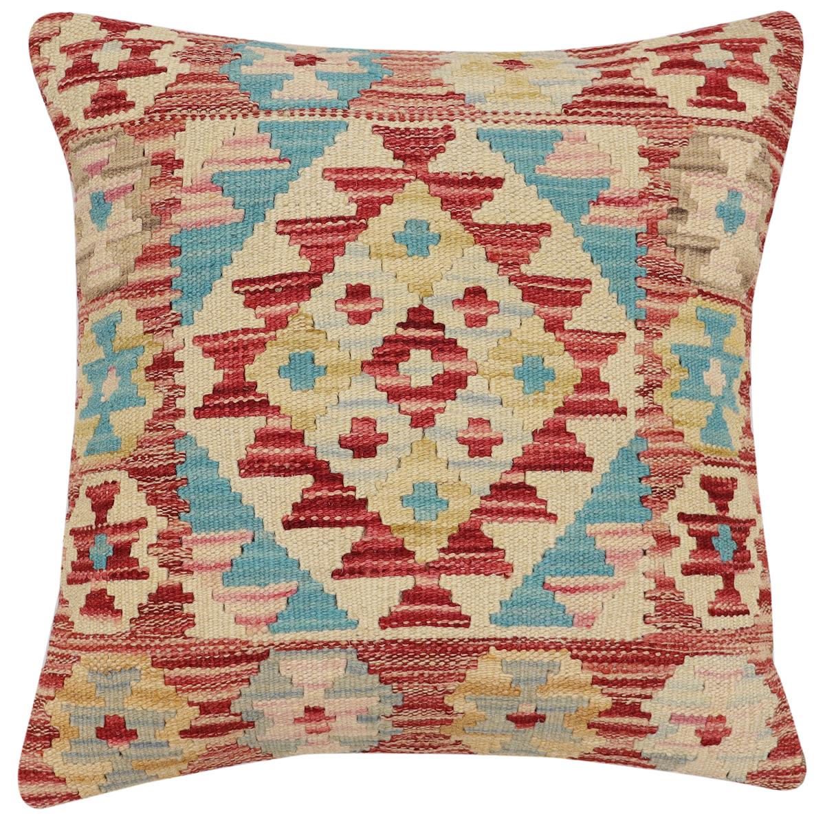 handmade Traditional Pillow Rust Blue Hand-Woven SQUARE 100% WOOL Hand woven turkish pillow2' x 2'
