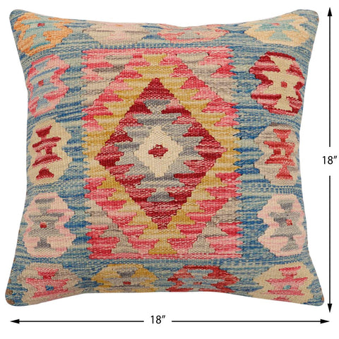 handmade Traditional Pillow Blue Gold Hand-Woven SQUARE 100% WOOL Hand woven turkish pillow2 x 2