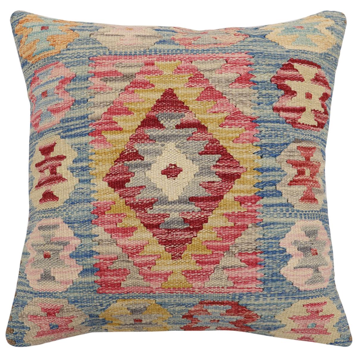handmade Traditional Pillow Blue Gold Hand-Woven SQUARE 100% WOOL Hand woven turkish pillow2 x 2