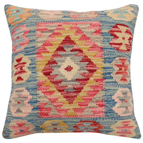 handmade Traditional Pillow Blue Gold Hand-Woven SQUARE 100% WOOL Hand woven turkish pillow2 x 2
