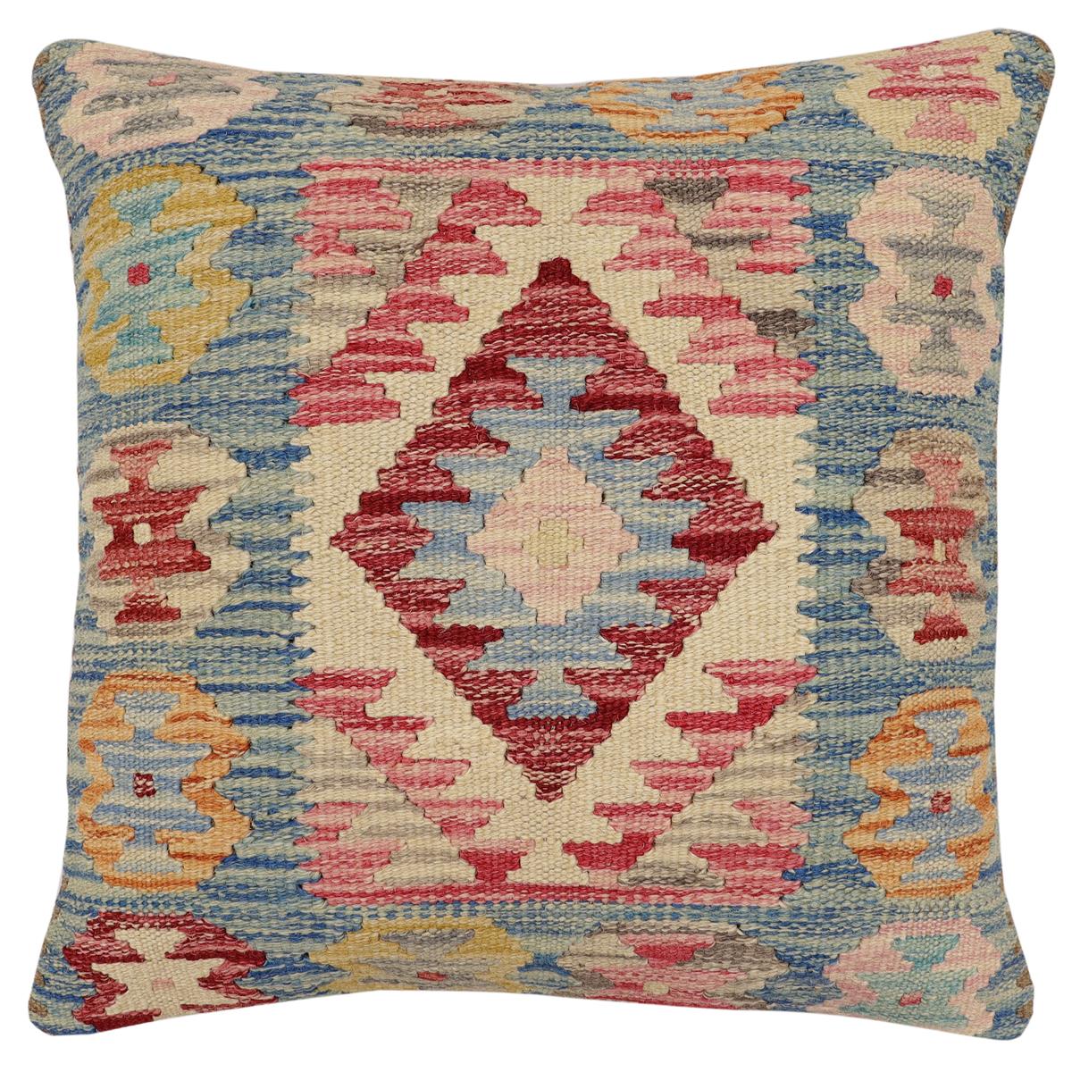 handmade Traditional Pillow Blue Beige Hand-Woven SQUARE 100% WOOL Hand woven turkish pillow2' x 2'