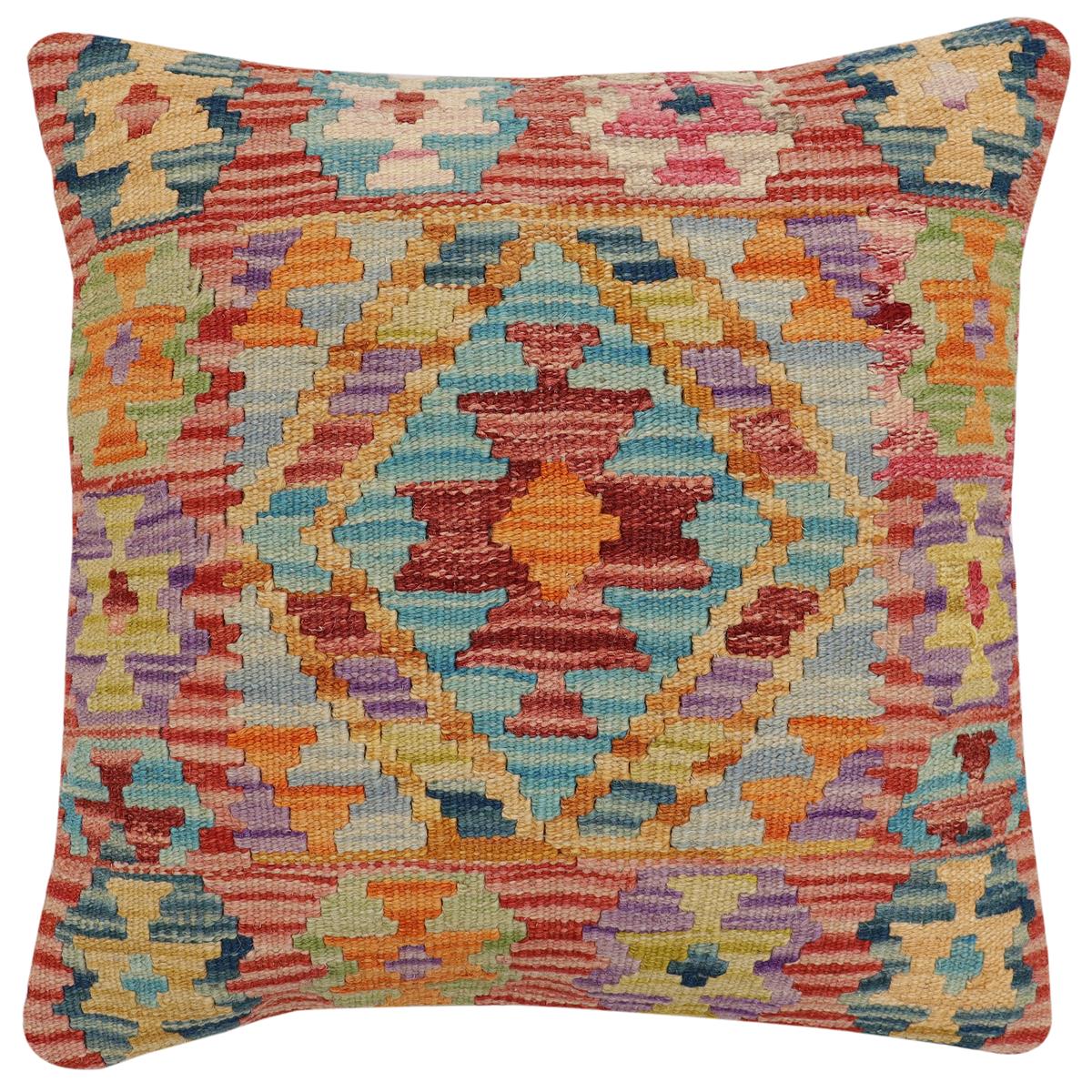 handmade Traditional Pillow Rust Blue Hand-Woven SQUARE 100% WOOL Hand woven turkish pillow2' x 2'