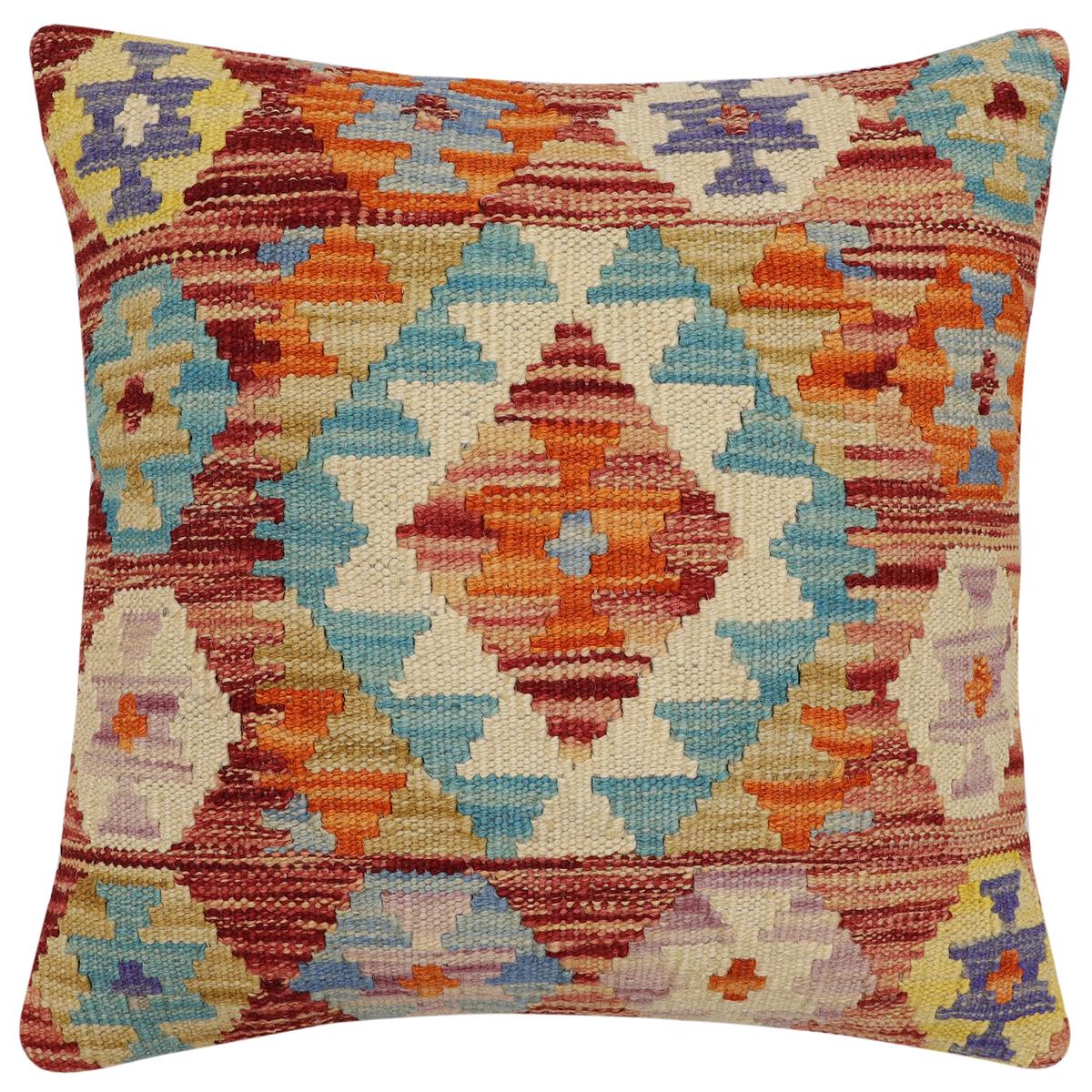 handmade Traditional Pillow Rust Blue Hand-Woven SQUARE 100% WOOL Hand woven turkish pillow2' x 2'