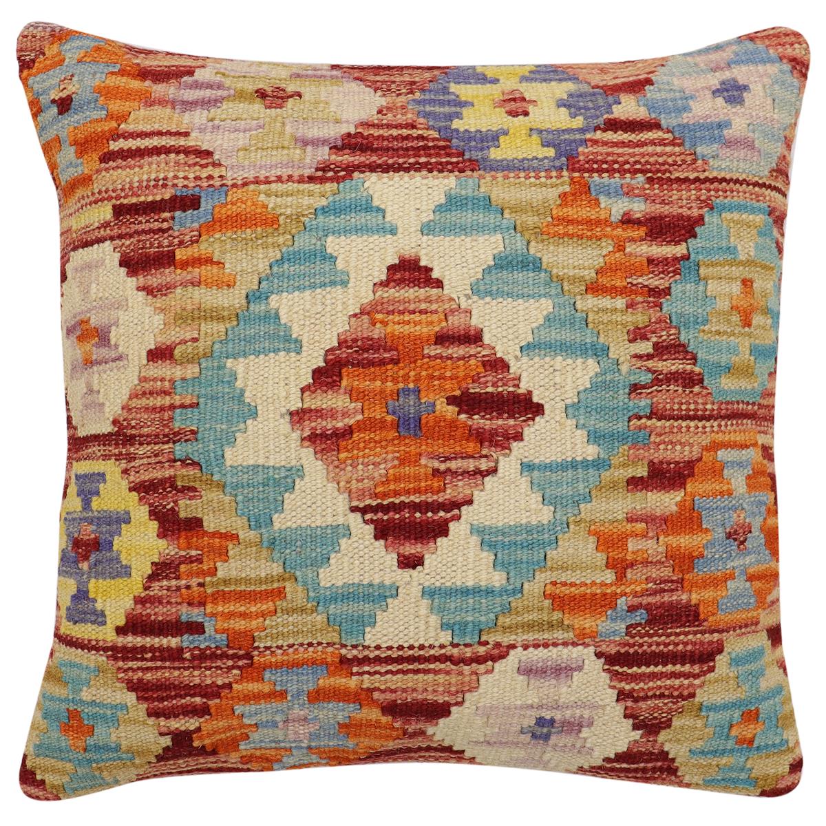 handmade Traditional Pillow Rust Blue Hand-Woven SQUARE 100% WOOL Hand woven turkish pillow2' x 2'