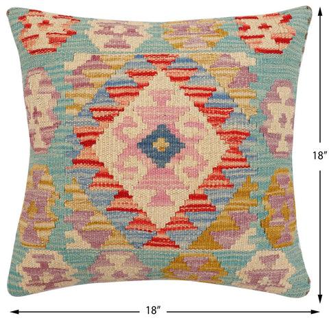 handmade Traditional Pillow Blue Beige Hand-Woven SQUARE 100% WOOL Hand woven turkish pillow2 x 2