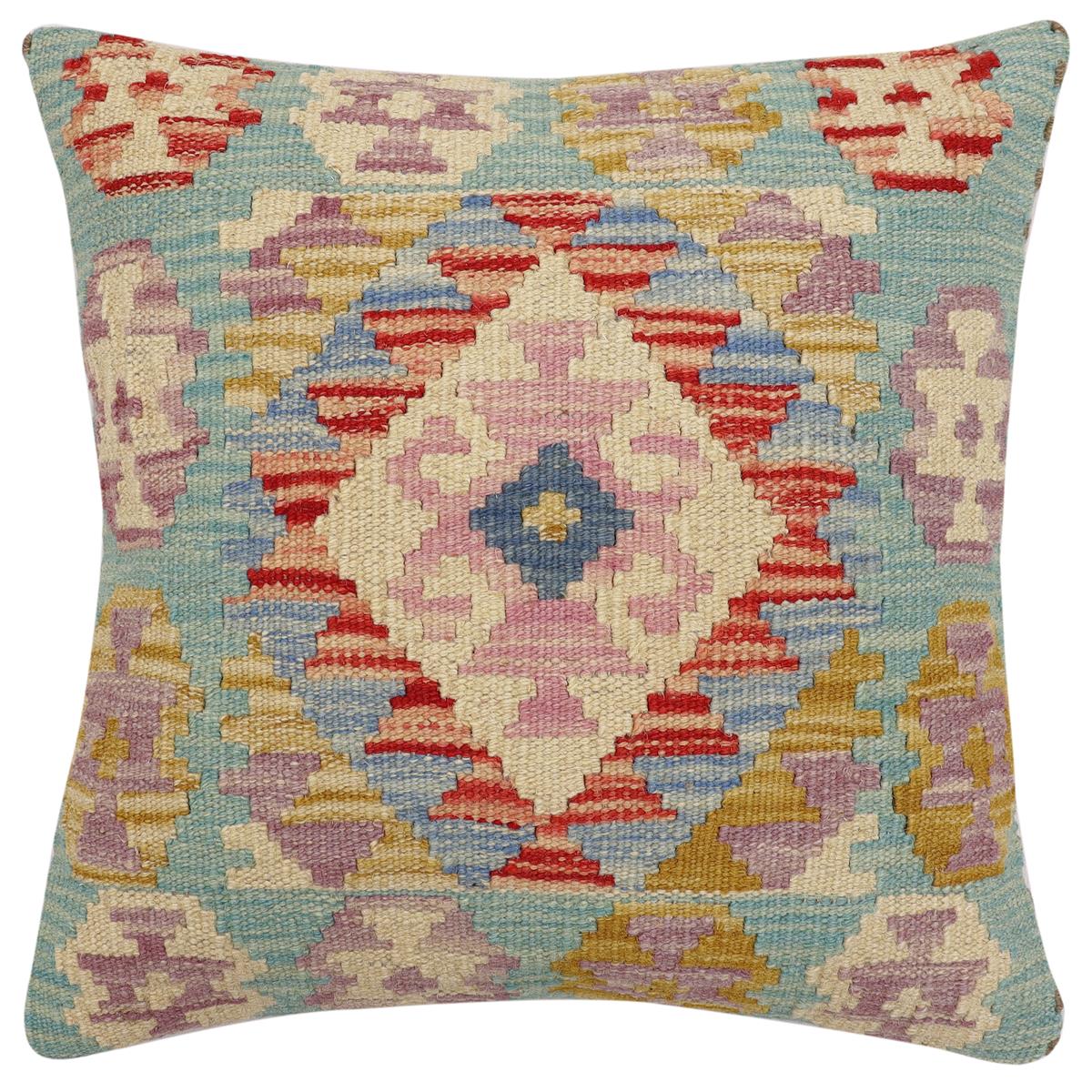 handmade Traditional Pillow Blue Beige Hand-Woven SQUARE 100% WOOL Hand woven turkish pillow2 x 2