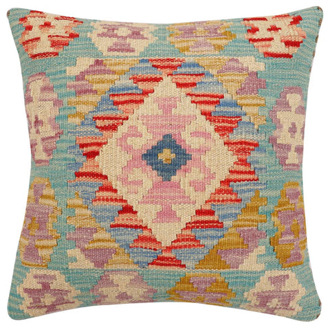 handmade Traditional Pillow Blue Beige Hand-Woven SQUARE 100% WOOL Hand woven turkish pillow2 x 2
