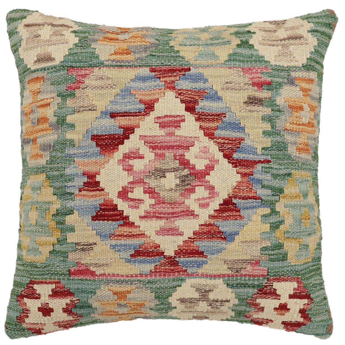 handmade Traditional Pillow Green Rust Hand-Woven SQUARE 100% WOOL Hand woven turkish pillow2' x 2'