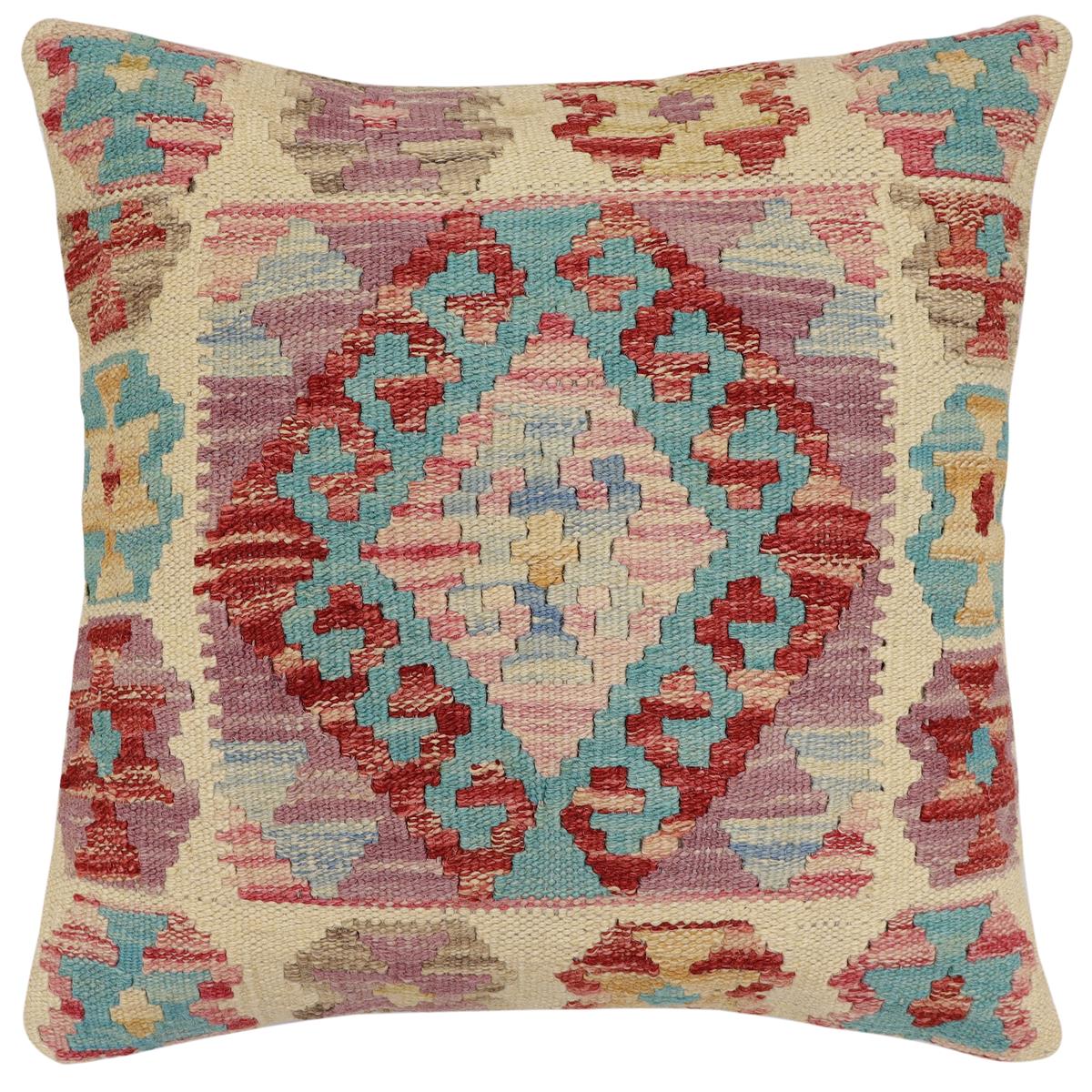 handmade Traditional Pillow Beige Blue Hand-Woven SQUARE 100% WOOL Hand woven turkish pillow2 x 2