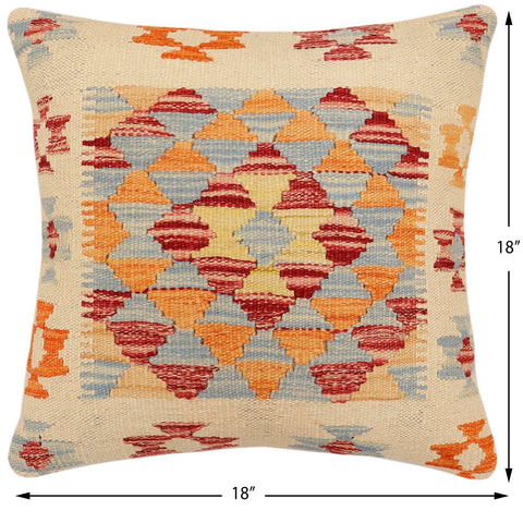 handmade Traditional Pillow Beige Blue Hand-Woven SQUARE 100% WOOL Hand woven turkish pillow2 x 2