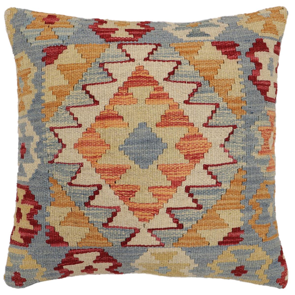handmade Traditional Pillow Blue Beige Hand-Woven SQUARE 100% WOOL Hand woven turkish pillow2 x 2