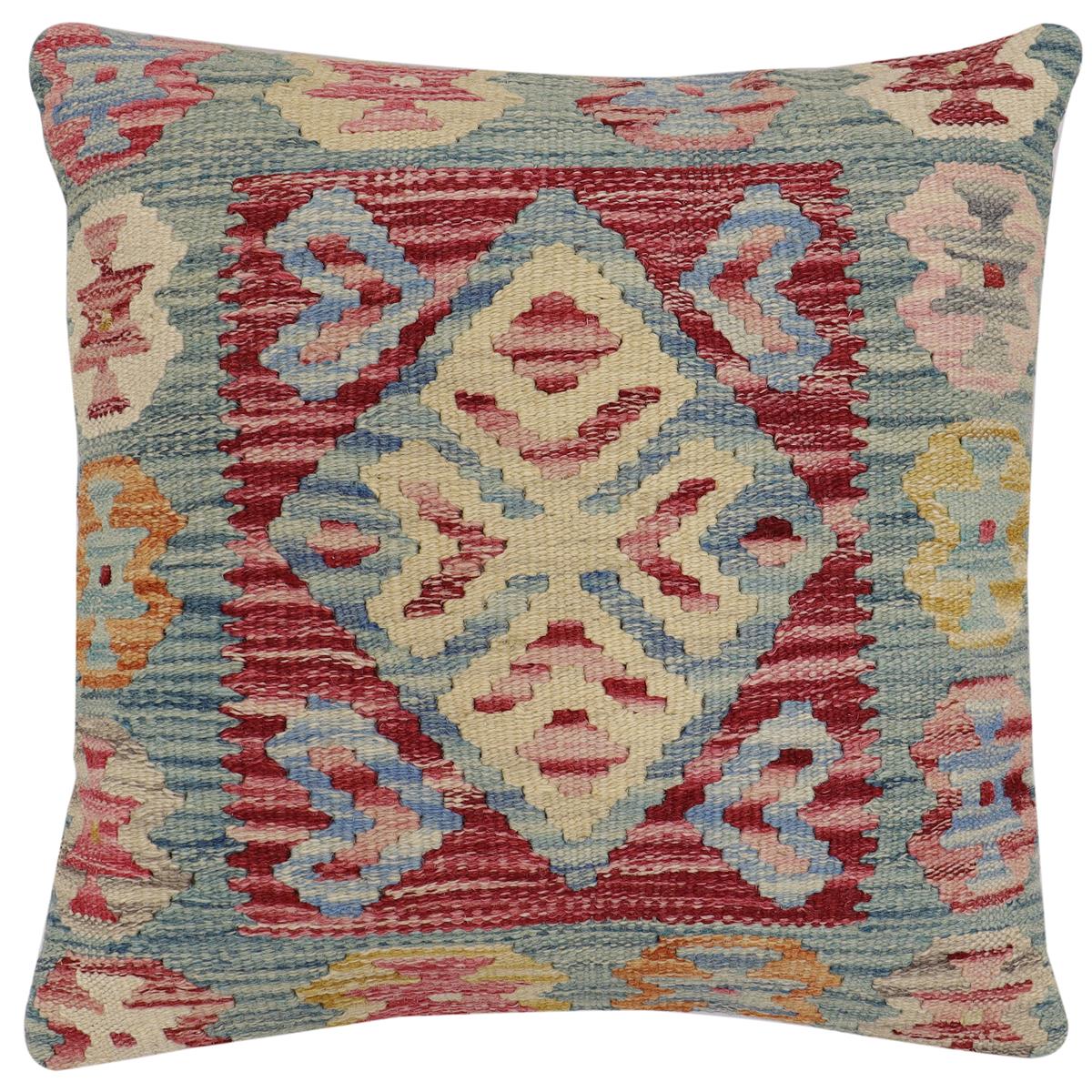 handmade Traditional Pillow Red Blue Hand-Woven SQUARE 100% WOOL Hand woven turkish pillow2 x 2