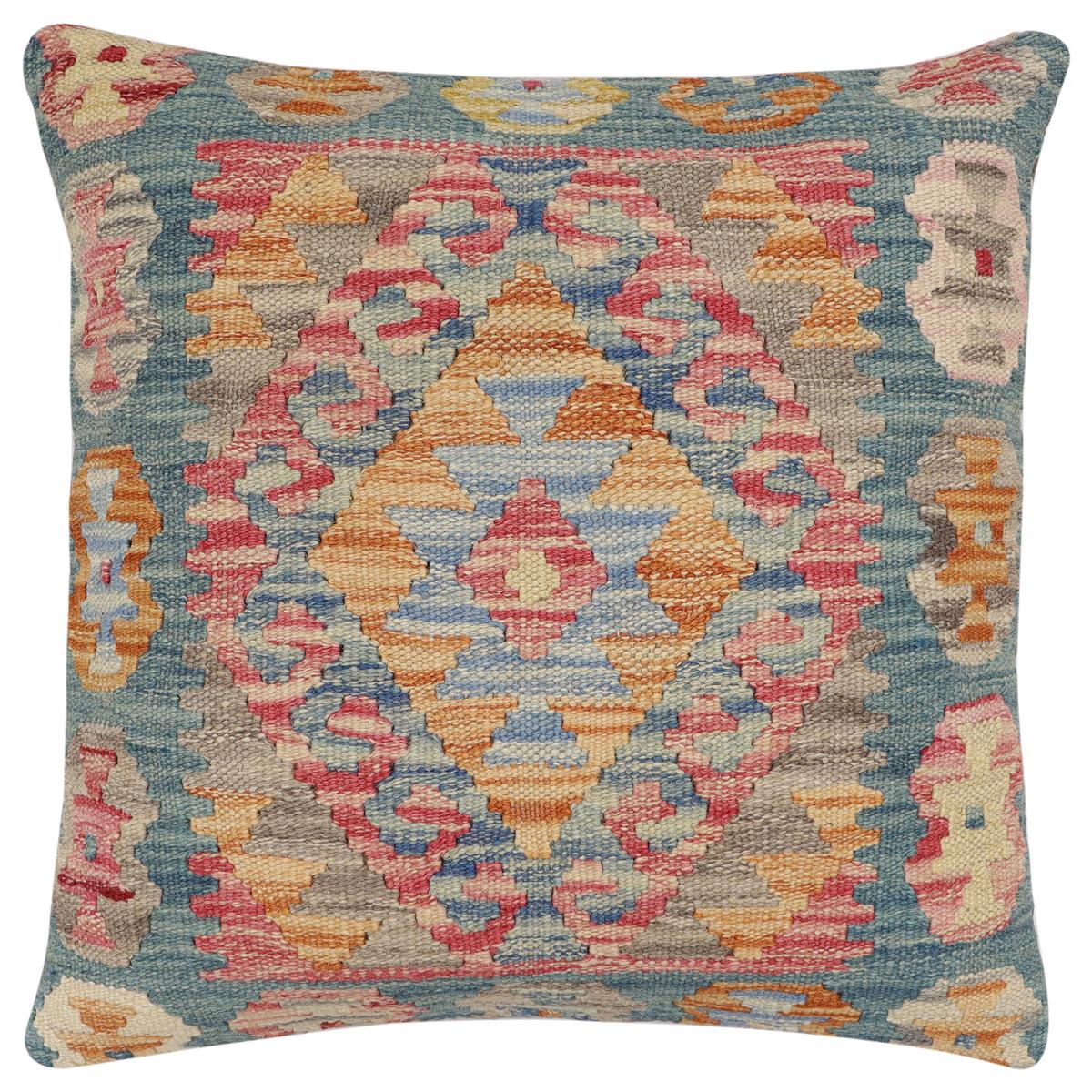 handmade Traditional Pillow Blue Red Hand-Woven SQUARE 100% WOOL Hand woven turkish pillow2 x 2