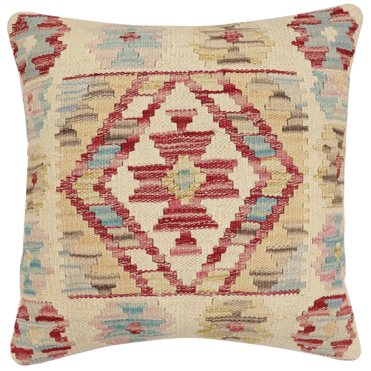 handmade Traditional Pillow Beige Red Hand-Woven SQUARE 100% WOOL Hand woven turkish pillow2 x 2